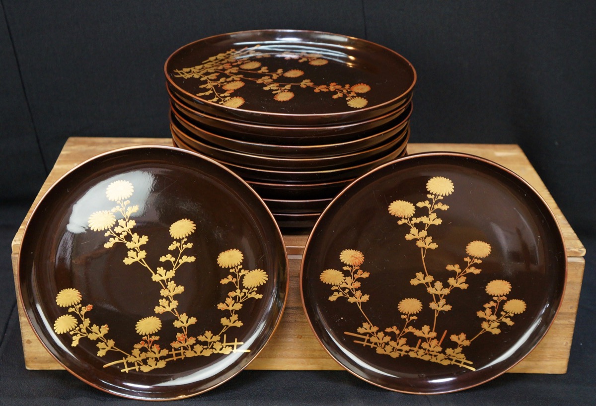 Antique Japanese Kizara lacquered wood plates Wajima 1900s Japan Makie