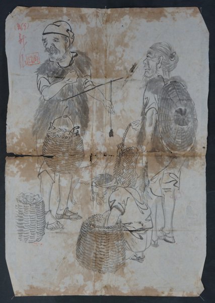 Antique ink peasant market 1800