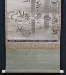 Bamboo sparrow Sumi-e scroll 1700