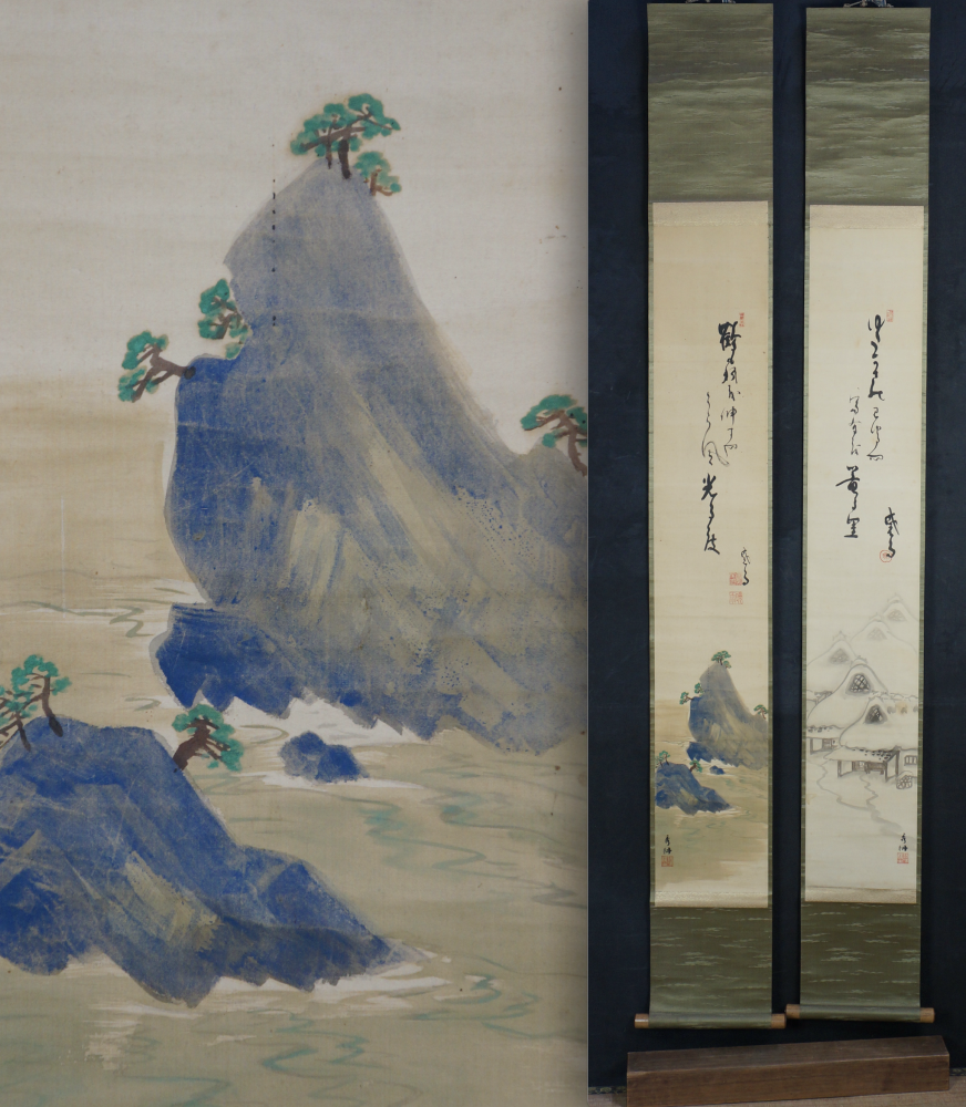 Antique Japan ink Zen twin scrolls landscape 1880 Sumi-e art
