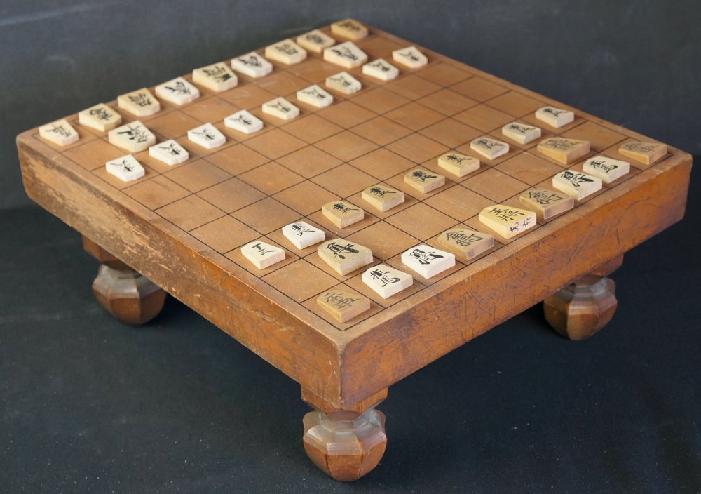 Wooden Shogi Board with Plastic Pieces